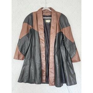 Vtg Patchwork Leather Trench Coat Women Large Brown Black Color Block Jacket 90s